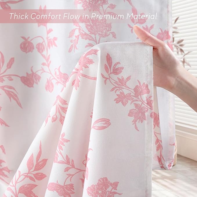 Pink Floral Shower Curtain,Vintage Cotton Cottagecore Shower Curtains for Bathroom, 72" W x 72" L