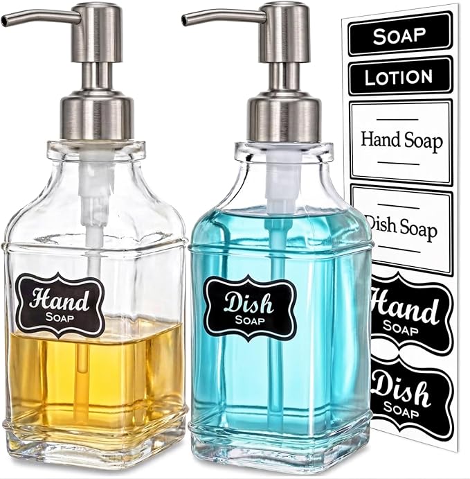 JASAI 2Pack Hand&Dish Glass Soap Dispenser with Rust Proof Pump & Stickers | Kitchen Soap Dispenser with 304 Stainless Steel Pump, Premium Bathroom Soap Dispensers for Dish Soap, Hand Soap，Lotion