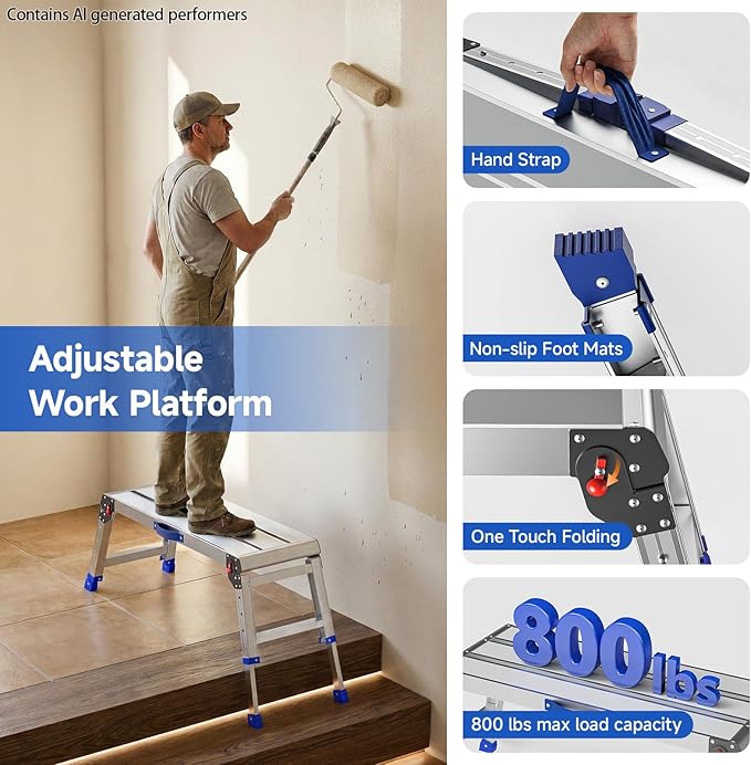 Folding Work Platform for Adults, Portable Aluminum Step Stool 800lb | 14"-19.5" Adjustable Height, 12" x 31.5" Wide Platform for Garage, Painting, Reach High Shelves, Gardening, Car Wash