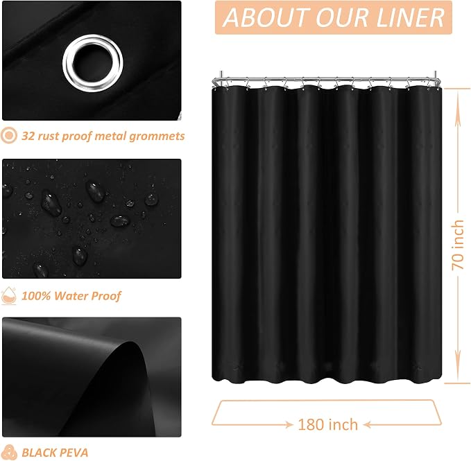 180x70 Extra Wide Size Shower Curtain Liner Black | 12 Bottom Magnets,36 Hooks,32 Rustproof Grommets,Water Proof Heavy Duty PEVA,180W x 70H for Clawfoot Bathtub