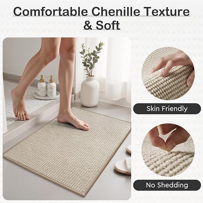 MontVoo Bathroom Runner Rugs,Chenille Absorbent Bath Mat Runner Quick Dry Rubber Backed Bath Runners Non Slip Washable Long Bathroom Rugs,Ultra Thin Bath Rugs Fit Under Door,24"x48",Beige