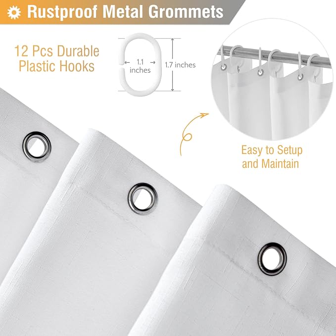 White Linen Textured Waterproof Thick Fabric Shower Curtain Set, 72x72 | 230GSM Polyester, Heavy Duty Cloth, Weighted Hem, 12 Plastic Hooks, Modern Hotel Style, Machine Washable, Bathroom Decor