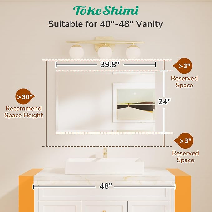 40x24 Beveled Frameless Bathroom Mirror, Vanity Bathroom Mirrored with 1" Beveled Edge, Shatterproof Modern Frameless Mirror Rectangle for Living Room, Entryway, Restroom