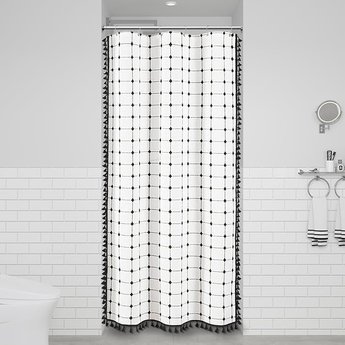 Stall Boho Farmhouse Linen Shower Curtain Set, 36x72, White and Black | Half Size, 330GSM Linen Blend, 3-side Tassels, Water Repellent Fabric, 6 Plastic Hooks, Rustic Bohemian, Machine Washable