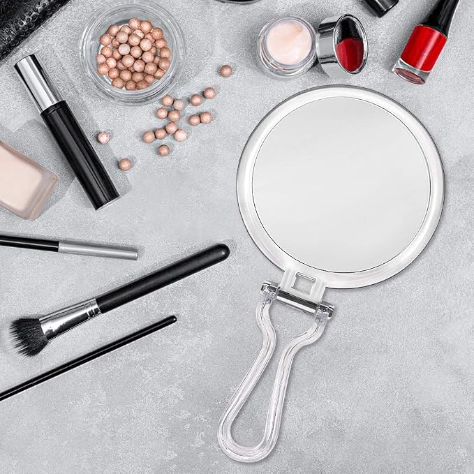 Double Sided Hand Held Makeup Mirror, Adjustable Folding Handle | 1X & 7X Magnifying, Distortion-free & HD, Portable, Transparent & Round (6") Handheld Mirror for Women & Men, Makeup, Shaving