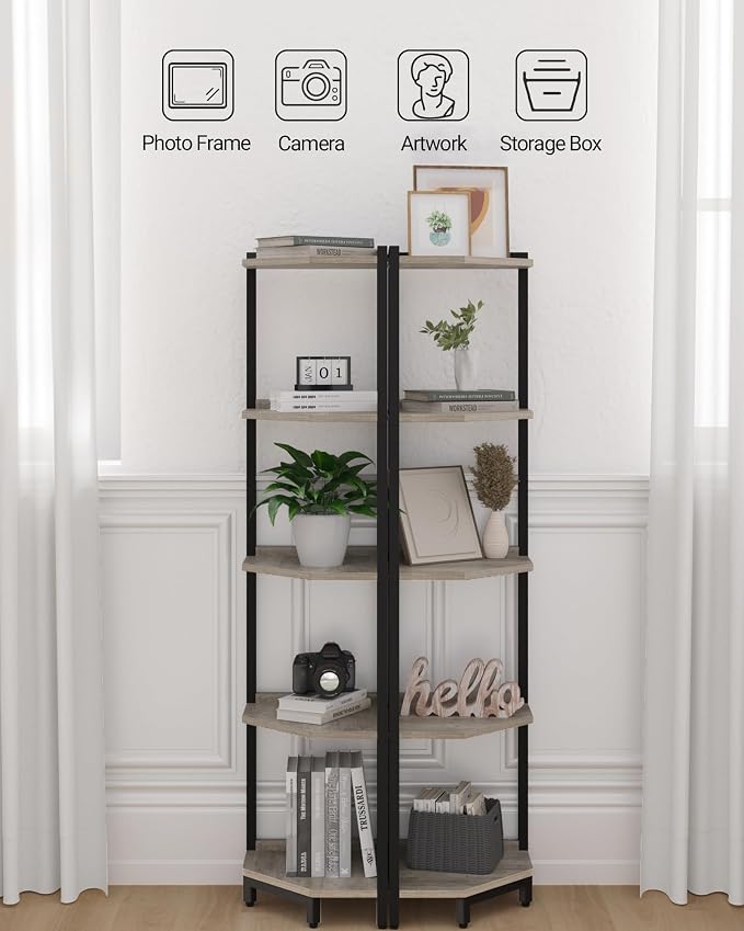 Hzuaneri Corner Shelf Stand, Corner Bookshelf with Metal Frame | Storage Standing Shelf Unit Plant Stand, Bookcase for Living Room, Home Office, Bedroom, 5-Tier Greige CS05905B