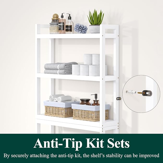 Smiry Bamboo Over The Toilet Storage Cabinet, 3 Tier, White | Wooden Bathroom Organizers with Adjustable Shelf & 4 Hooks, Space Saving Shelf Rack for Bathrooms, Laundry Room, Balcony