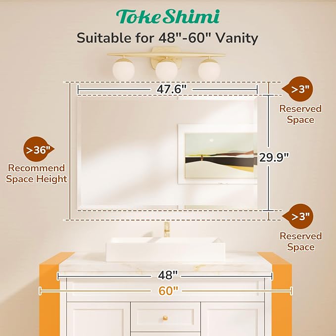 48x30 Frameless Bathroom Mirror Rectangle, Tempered Beveled Mirror for Bathroom Vanity with 1" Beveled Edge, Shatterproof Modern Wall Mirrored for Living Room, Entryway, Restroom