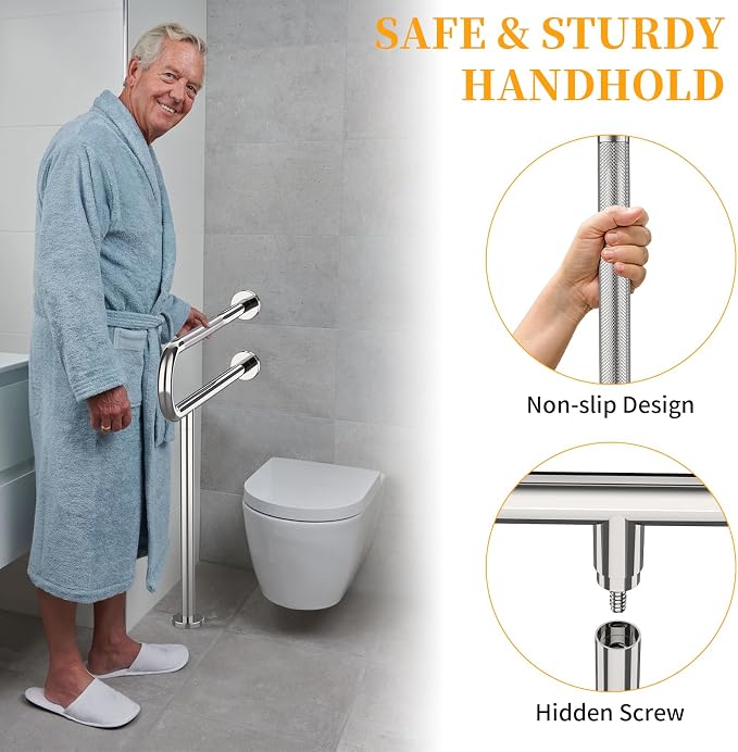 Toilet Grab Bar 32 Inch with Leg, YuanDe Chrome Anti-Slip Toilet Handrail | Wall & Floor Mounted Stainless Steel Grab Bar, Knurled Handicap Support Rail for Elderly, Disabled, Pregnant