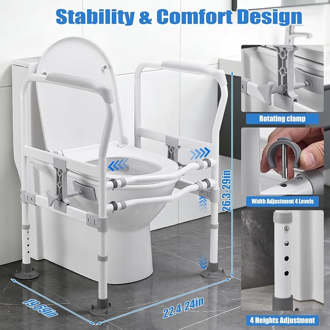 Toilet Safety Rails for Seniors, Zynuhmo Adjustable Toilet Safety Frame with Non-Slip Handles for Elderly, Handicap & Disabled, Foldable Toilet Handles Toilet Rail Stand Up Assist Fit Most Toilets