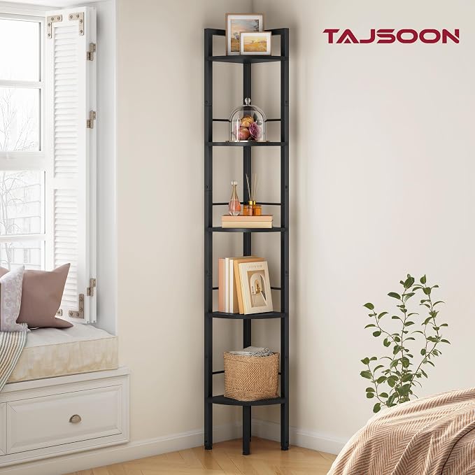 Small Corner Shelf Stand 5 Tier 60.5" with Metal Frame, Black | Industrial Narrow Corner Shelf, Multipurpose Tall Corner Bookshelf, Small Corner Table Bedroom, Living Room, Office, Kitchen