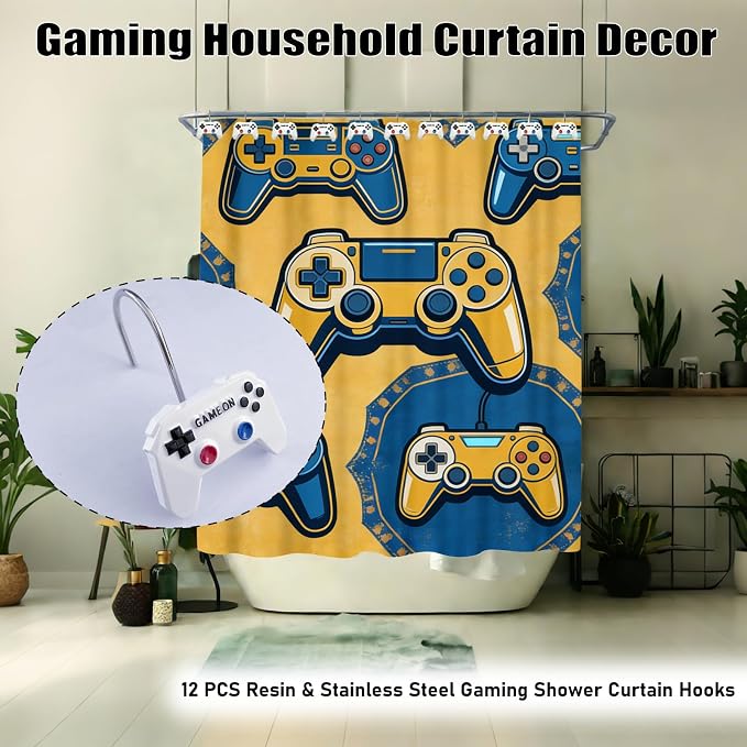 12 Pcs Game Theme Shower Curtain Hooks for Gamers Bathroom Decor White | Video Game Controller White Curtain Hooks Boys Gaming Bathroom Kids Bedroom Playroom Console Resin and Stainless Steel Hook