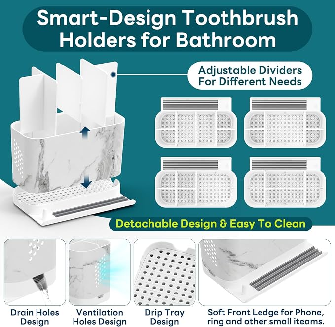 Toothbrush Holders, Toothbrush Caddy with Front Ledge and Cord Slots, Detachable Tooth Brush Holder for Bathroom Countertop, Shower, Vanity, Large Capacity 6 Slots Marble Bathroom Accessories