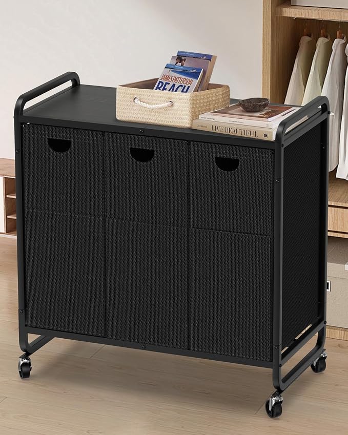 Laundry Sorter 3 Section,Laundry Basket with Wheels,3×15.8 Gal (60L) Black | Laundry Room Organization with Wooden Desktop Shelf,Pull-Out and Removable 900D Oxford Fabric Laundry Bags for Laundry Room