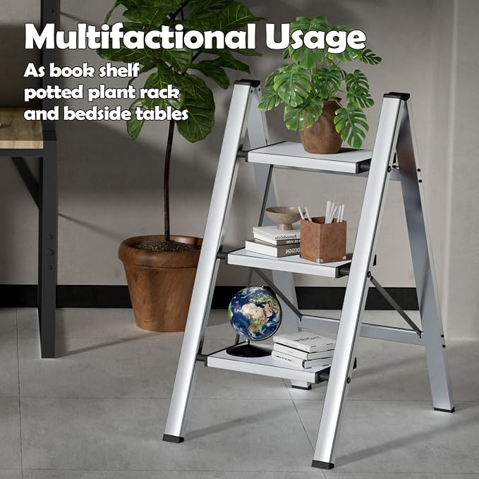 Taranta 3 Step Stool Foldable,Aluminum Step Ladder-Sliver | Lightweight,Wide Anti-Slip Pedals,Folding Step Stool,330lbs Capacity for Household,Kitchen,Office