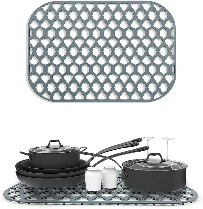 Silicone Sink Protector Mats for Multi-Size Kitchen Sink (16.8"x12.6") | Flexible and durable, heat-resistant, machine washable, non-slip, gray grid.