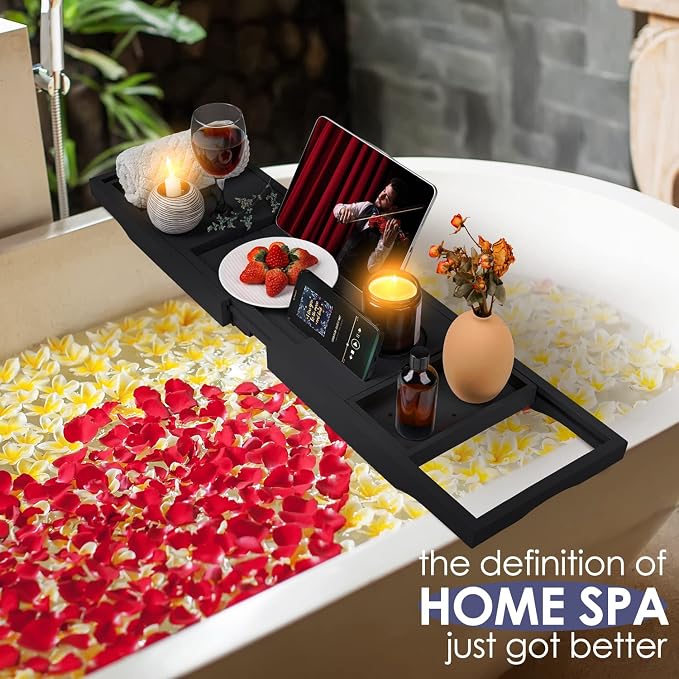 Foldable Bathtub Tray Caddy with Soap Dish Adjustable 29.5-43''Black | Bamboo Bath Table Trays with Non-slip Pads, Wine Glass Holder, Adjustable Tablet Book Stand, Spa Bath Essentials Organizer