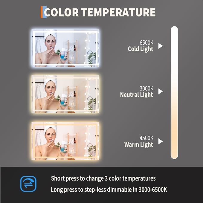 Large LED Bathroom Mirror 60x36 Inch - Frontlit & Backlit Frameless Wall Vanity Mirror with Stepless Dimming, Adjustable Color Temp, Anti-Fog Defogger, Smart Memory & 3X Suction Mirror, Sha