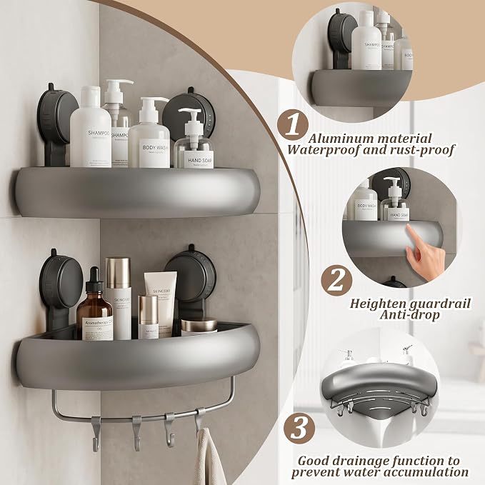 Shower Caddy Suction Cup（2-Pack Gray）, No-Drilling Corner Bathroom Organizer,Rust Proof Shower Shelf for Inside Shower with Removable Hooks & Towel Bar