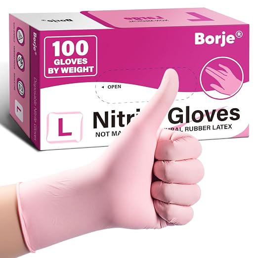 Borje Pink Nitrile Gloves, 100 Count Disposable Gloves, Large | Latex & Powder-Free, Food Safe, Cleaning, Esthetician, Cooking
