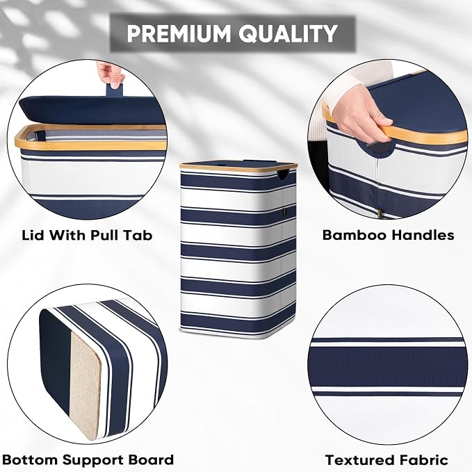 BALEINE Laundry Hamper with Lid, Tall Laundry Baskets with Bamboo Pull Handles, Large Laundry Bin with Internal Support (18 Gal/70L, Blue Stripe)