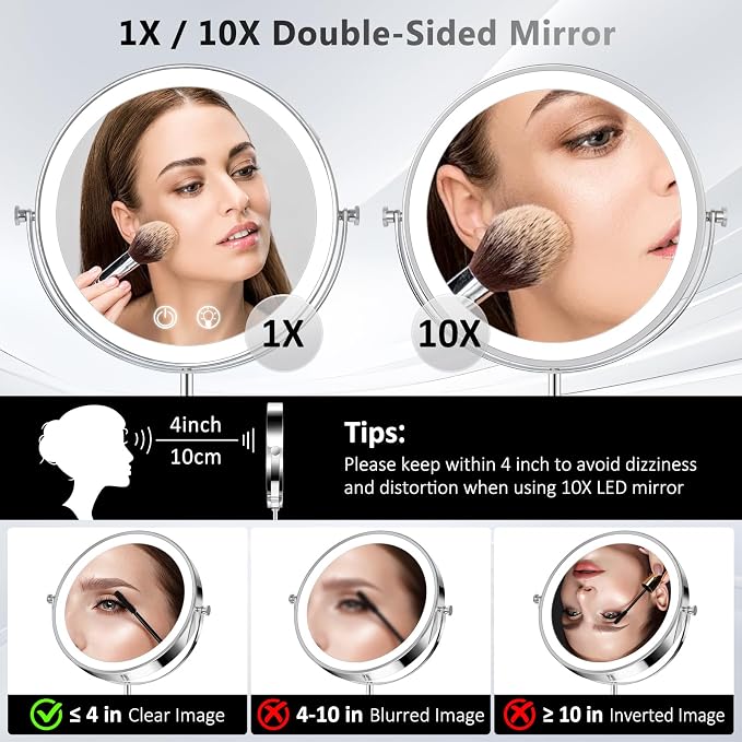 9" Makeup Mirror with Lights,5000mAh Rechargeable Vanity Mirror,1X/10X Double Sided Magnifying Mirror with Adjustable Height, 3 Colors Stepless Dimming Lighted Makeup Mirror,Women Gift