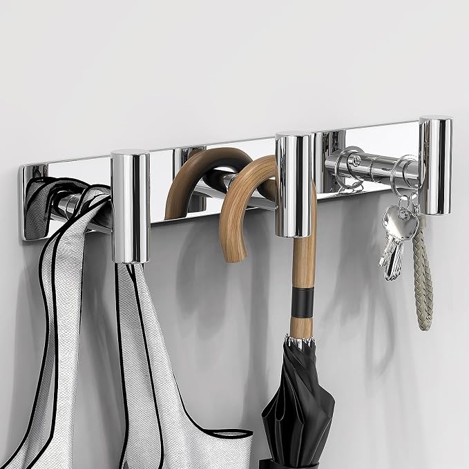 VAEHOLD Hat and Coat Wall Mount Rack - Hooks for Robes, Bags, Keys, and Towels - Bathroom Towel Hanger Organizer (Polished Chrome, “T“ Shape 3 Hooks 2 Pack)