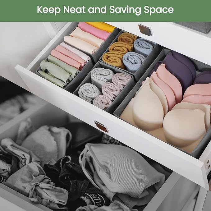Drawer Organizer Clothes, 24 Pack Underwear Drawer Organizers, Foldable Closet Organizers and Storage Dresser Drawer Dividers Clothing Organizer for Clothes, Socks, Scarves, Bra, Ties (Grey)