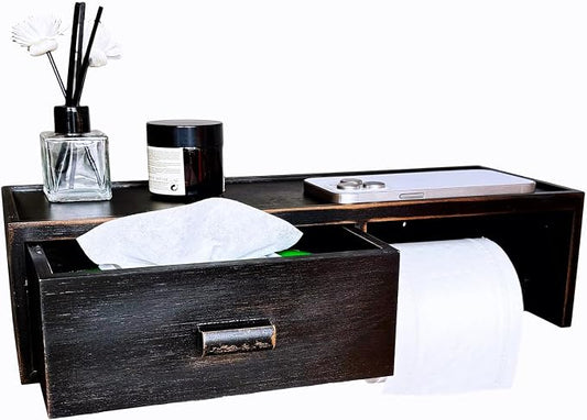 Bamboo Toilet Paper Holder with Shelf, Vintage Matte Black Wall Mount Bathroom Holder with Wet Wipes Storage Drawer