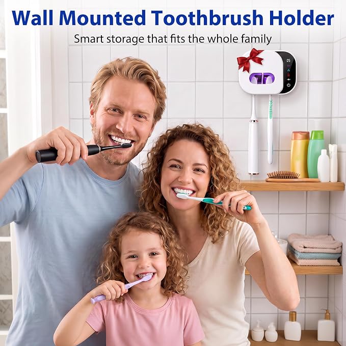 FamilyKit Toothbrush Cleaner Holder, Infrared Sensing & Drying with 2 Slots | Portable Toothbrush Covers Case, Wall Mounted Tooth Brush Holder with LED Smart Display & Hot Air Drying for Home Travel