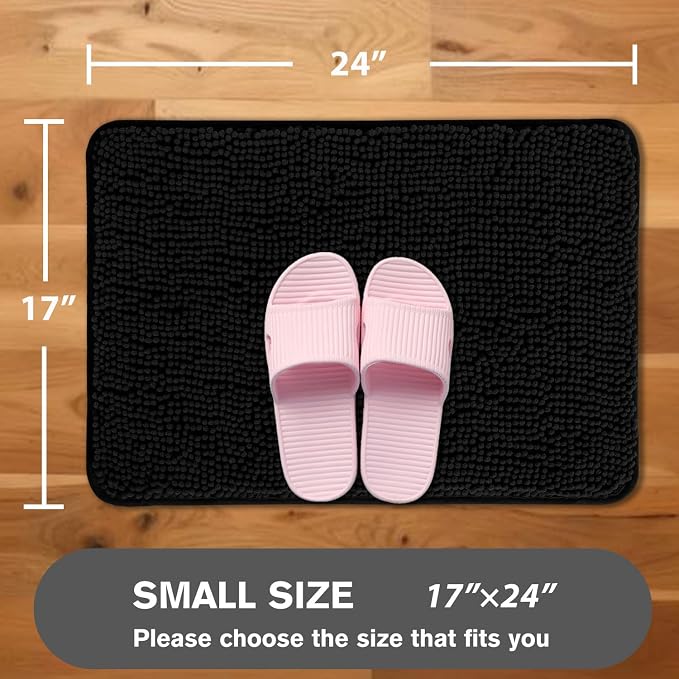 Black Bathroom Rug – Absorbent and Washable Bath Mat, Non-Slip, Thick Soft Chenille Bath Rugs for Bathroom, Kitchen, Shower, Sink - 17" x 24"