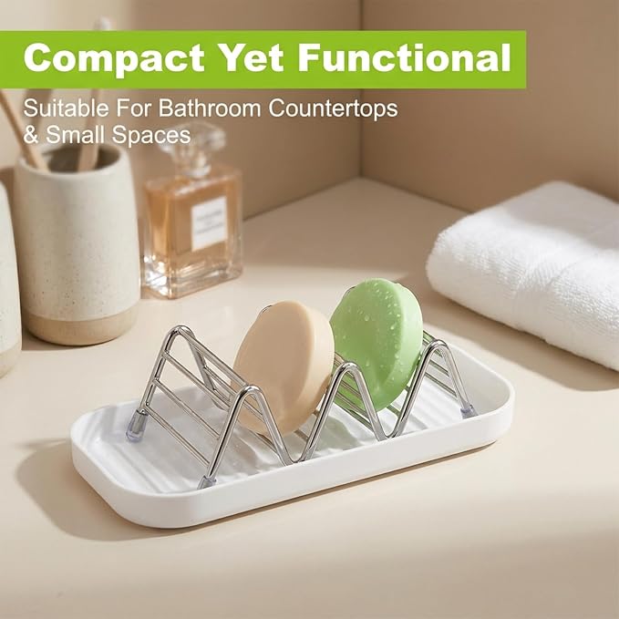 Wavy Soap Holder for Shower, 304 Stainless Steel Shampoo Bar Holder with Drainage Tray & Foaming Net for Shampoo Bar, Conditioner Bar, Kitchen Sink Countertop (2 Compartment Soap)