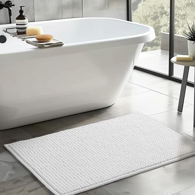 FRESHMINT Thick Chunky Chenille Bathroom Rug, Bright White, 24"x36" | Non-Slip Backing, Water Absorbent Surface, Machine Washable Care, Cushioned Comfort, Bathroom Floor Use