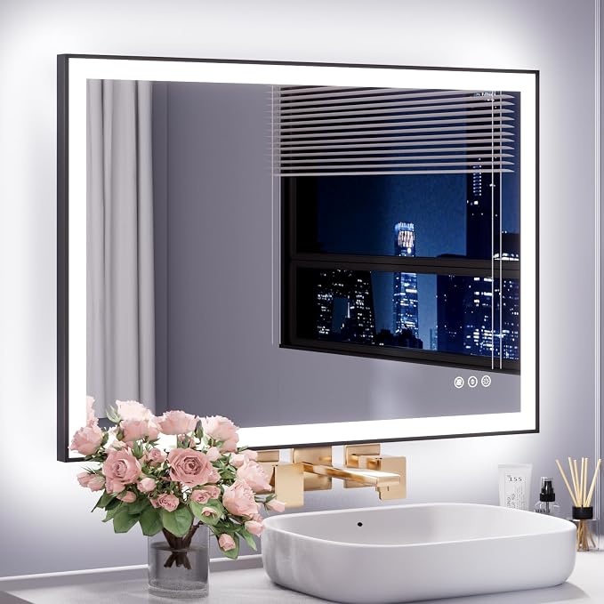 WTTY 40"x32" LED Bathroom Mirror with Black Frame | Aluminum Alloy Framed, Anti-Fog, Dimmable, 3 Color Temperature, Memory Function, Tempered Glass, Lighted Vanity Wall Mirror
