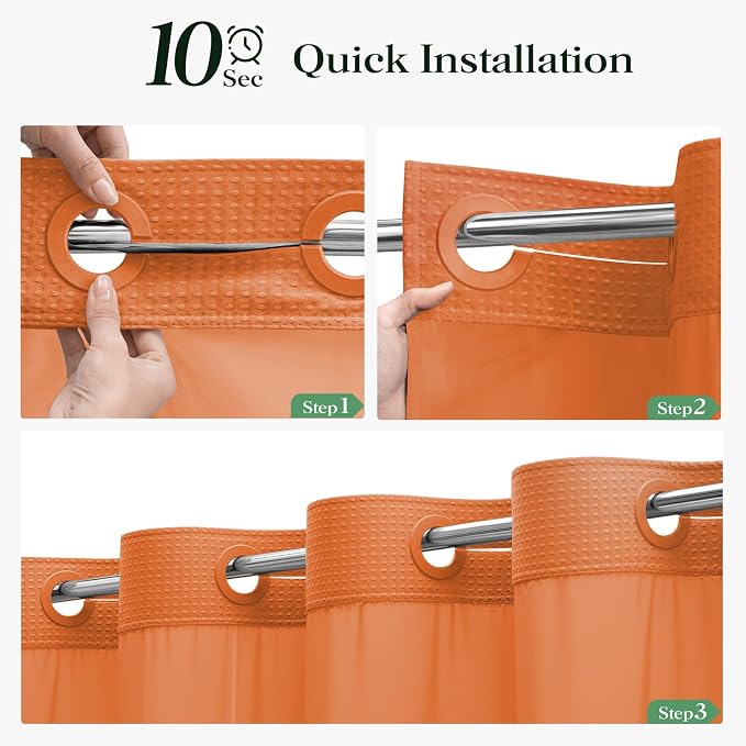 Burnt Orange Hook Free Waffle Shower Curtain & Snap-in Liner,72x75 | Less Time to install, 3 in 1 Fabric Shower Curtain and Liner Set with Magnets, Mesh Top Window, Shower Curtains for Bathroom