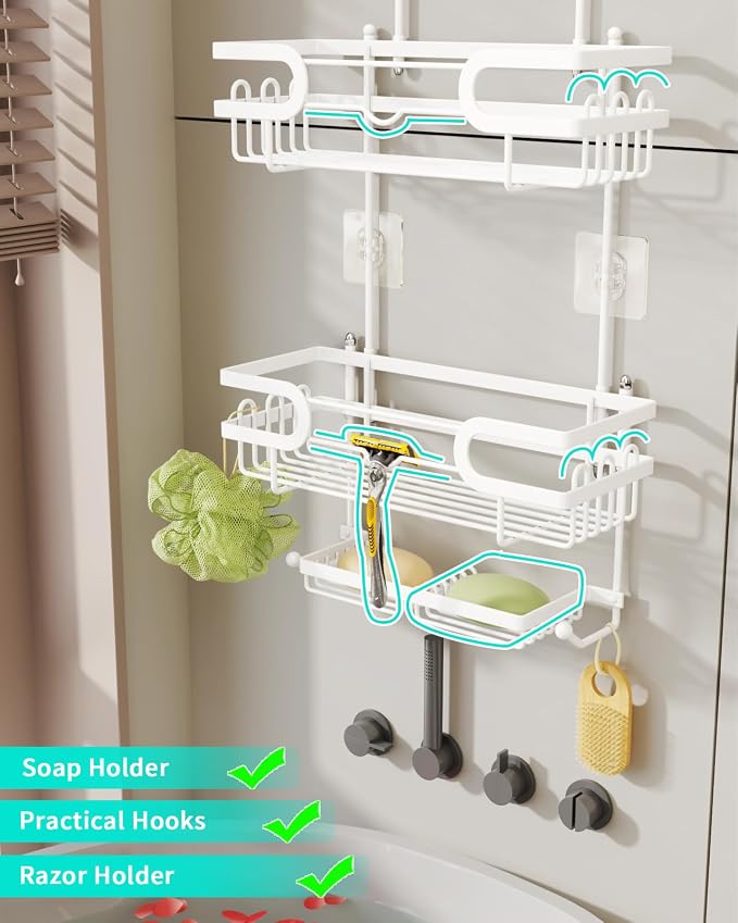 HapiRm Bathroom Hanging Shower Caddy - Rustproof Shower Shelf with 12 Hooks and 2 Soap Holders, No Drilling Bathroom Organizers and Storage - White