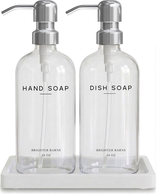 Glass Hand and Dish Soap Dispenser Set by Brighter Barns - Modern Kitchen Soap Dispensers with Stainless Steel Pump - Neutral Home Decor for Hotel, Restaurant, Vacation Rental, Airbnb (Clear/Silver)