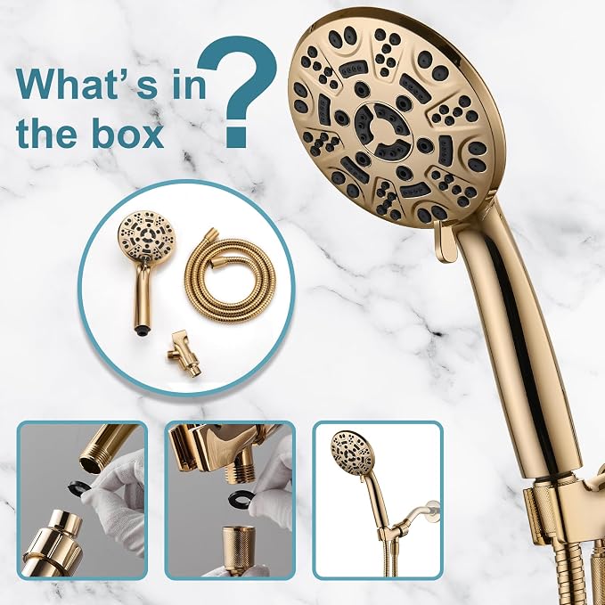 Cobbe 8-Setting Handheld Shower Head, Water-Saving Design, Gold | Trickle Pause Mode, 5ft Stainless Steel Hose, Brass Swivel Bracket, Tool-Free Installation