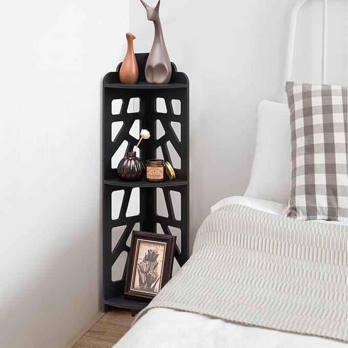 J JINXIAMU Corner Shelves,Corner Shelf Stand Waterproof Great for Bathroom Storage Tight Space,Small Shelf Stand Fit for Toilet Paper Holder Storage, Corner Tables for Small Space,Black