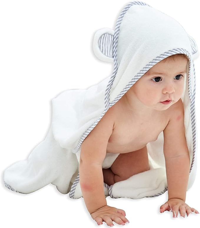 HIPHOP PANDA Ultra Soft Hooded Baby Towel - 2-Layer Thick 500GSM Absorbent | Rayon Made from Bamboo, Hooded Bath Towel for Newborn, Infant, Toddler, Baby Registry - White, 30x40 In