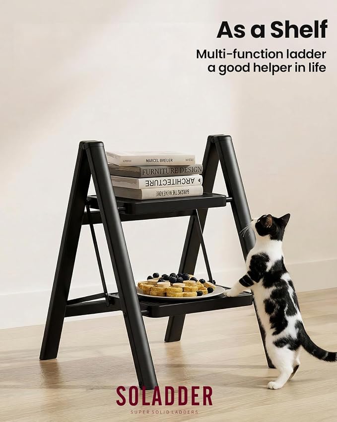 2 Step Ladder, Folding Step Stool, Lightweight Stepladder, Black | Anti-Slip 7.9'' Wide Pedal;Space-Saving;For Kitchen, Home, Library, Office Use;300lbs Capacity