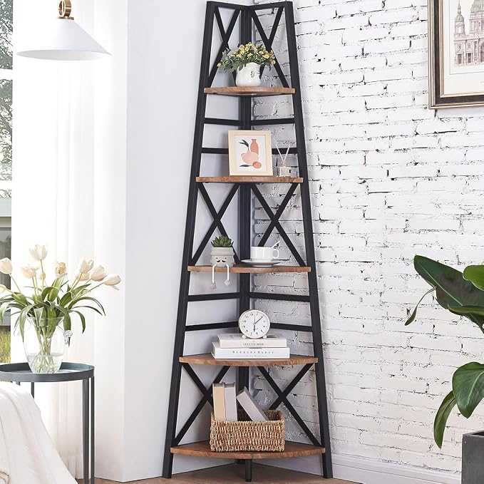5 Tier Corner Shelf,72 Inch Tall Corner Bookshelf,Rustic Brown | Sturdy Corner shelf Standing,Industrial design,Easy assembly,Suitable for living room,Office,Corner Space