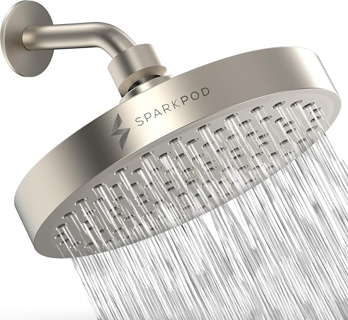 SparkPod Rain Shower Head, 6 Inch Round, Elegant Brushed Nickel Finish | High Pressure Shower Heads, 90 Nozzles, Adjustable Showerhead, No Tools Needed, Universal Connection