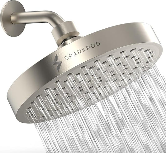 SparkPod Rain Shower Head, 6 Inch Round, Elegant Brushed Nickel Finish | High Pressure Shower Heads, 90 Nozzles, Adjustable Showerhead, No Tools Needed, Universal Connection
