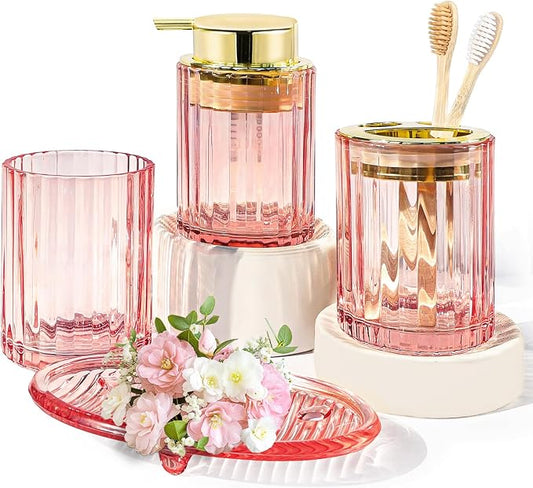 CERBIOR Bathroom Accessories Set, 4 PCS Glass Bathroom Set,Golden Pink | Includes Soap Dispenser, Toothbrush Holder, Toothbrush Cup, Soap Dish for Decorative Countertop and Housewarming Gift