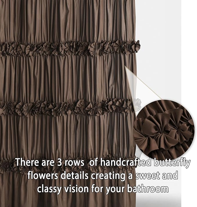 Victorian Chocolate Ruffle Shower Curtain 72" W x 72" H | Vintage Handcrafted Bow Tie Bath Curtain for Master Bathroom, Ruched Microfiber Bathroom Curtain with 12 Buttonholes (LQ-10)