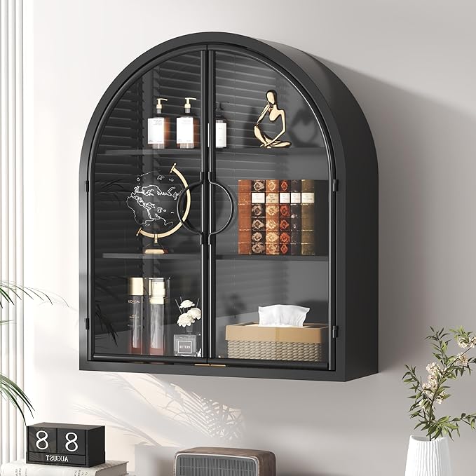 Arched Wall Cabinet with Clear Glass Door, NO Assembly | Full Metal Frame, 10MM Shelves, Handcrafted Arched Design, 40-lb per Tier, 5MM Tempered Glass, for Bathroom Wall Medicine