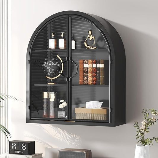 Arched Wall Cabinet with Clear Glass Door, NO Assembly | Full Metal Frame, 10MM Shelves, Handcrafted Arched Design, 40-lb per Tier, 5MM Tempered Glass, for Bathroom Wall Medicine