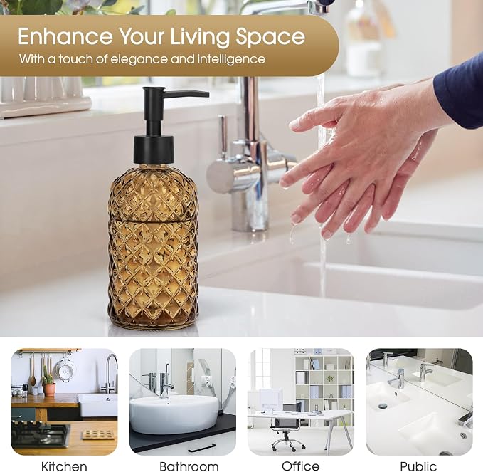 2 Pack Gem Glass Soap Dispenser with Black Plastic Pump, 13oz Liquid Hand Soap Dispenser, Rustproof Pump for Kitchen & Bathroom, Great for Lotions, Essential Oil, Liquid Soaps-Amber