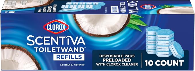 Clorox Scentiva ToiletWand Refills, Coconut and Waterlily, 10 Count | Disposable Toilet Brush Scrubbing Pads, Eliminates Hard Water and Lime Stains 2X Better than a Manual Brush